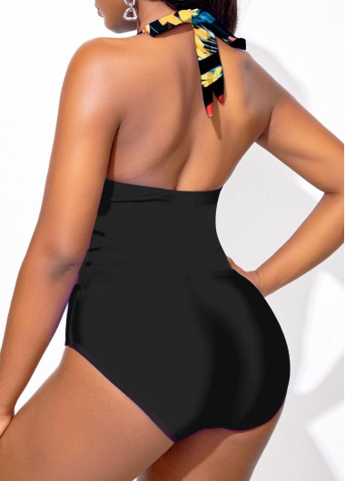 Black swimwear,Floral swimwear,Plants swimwear,ROTITA Patchwork Black Floral Print One Piece Swimwear