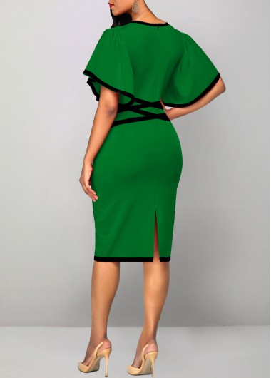 Green dresses,Plain Color dresses,ROTITA Contrast Binding Green Round Neck Bodycon Dress