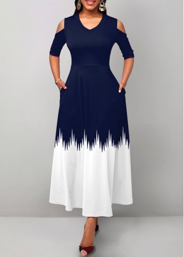Navy dresses,White dresses,Geometric dresses,ROTITA Pocket Geometric Print Navy V Neck Maxi Dress