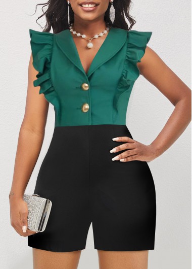 Green jumpsuits & rompers,Black jumpsuits & rompers,Contrast Color jumpsuits & rompers,ROTITA Short Regular Shawl Collar Sleeveless Romper