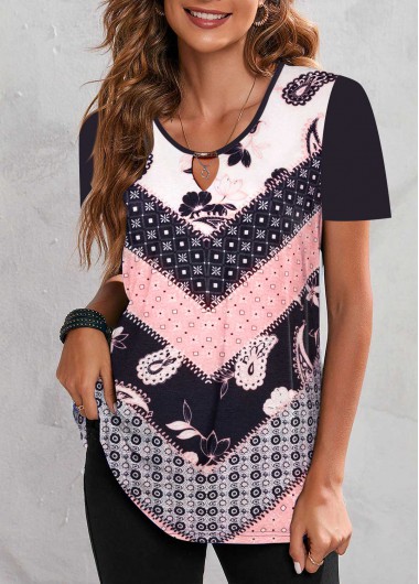 Multi Color tops,Paisley tops,Floral tops,ROTITA Cut Out Paisley Print Multi Color T Shirt