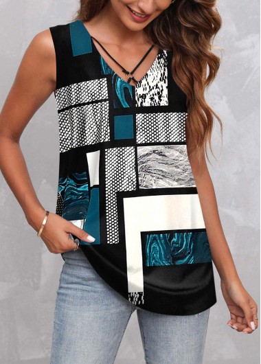 Multi Color tops,Geometric tops,ROTITA Metal Ring Geometric Print Multi Color Tank Top