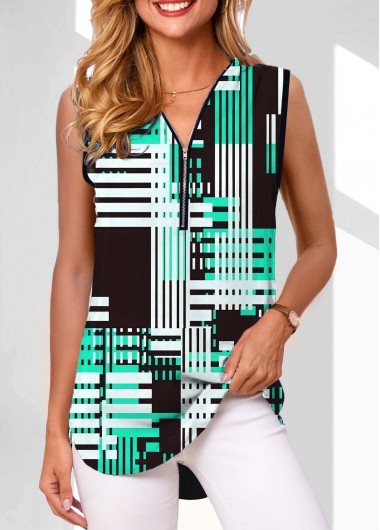 Black tops,Striped tops,Geometric tops,ROTITA Zipper Striped Black V Neck Tank Top