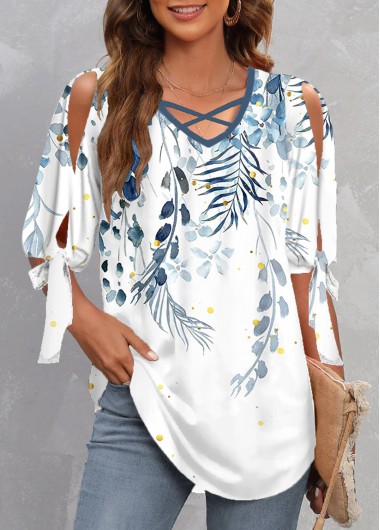 White tops,Floral tops,Plants tops,ROTITA Criss Cross Floral Print White V Neck Blouse
