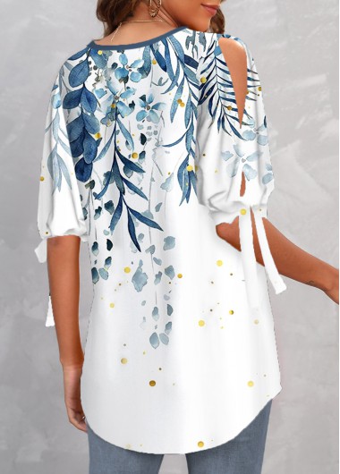 White tops,Floral tops,Plants tops,ROTITA Criss Cross Floral Print White V Neck Blouse