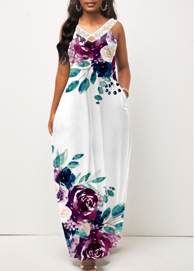 White dresses,Floral dresses,Plants dresses,ROTITA Pocket Floral Print White Maxi Dress