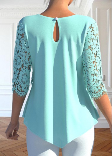 Mint Green tops,Plain Color tops,ROTITA Lace Mint Green Round Neck Blouse