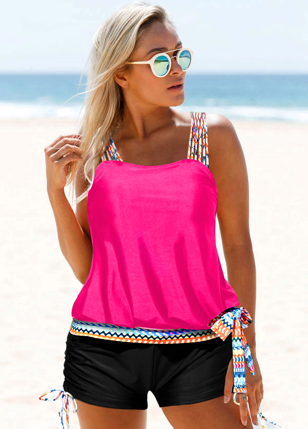 Hot Pink swimwear,Geometric swimwear,ROTITA Tribal Print Tie Side Rose Red Tankini Set