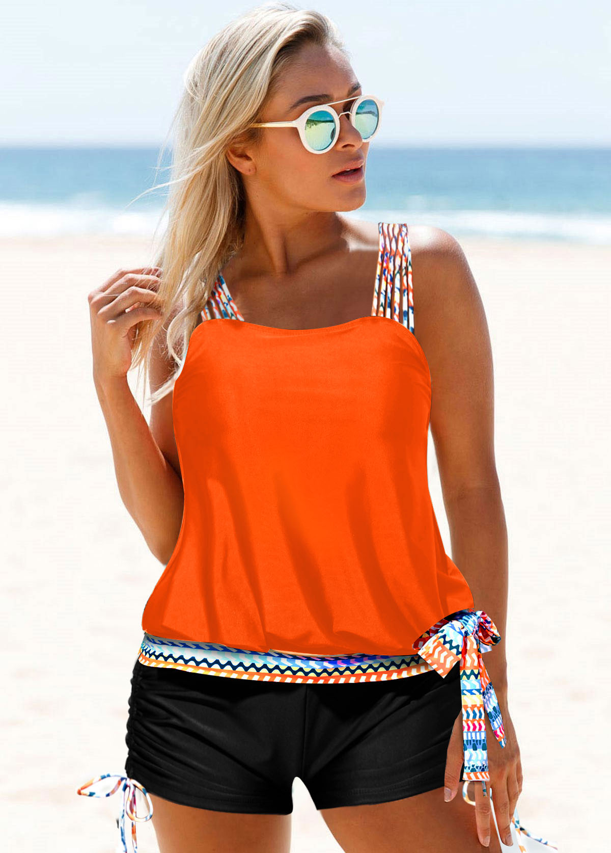 Tribal swimwear,ROTITA Tribal Print Tie Side Coral Orange Tankini Set