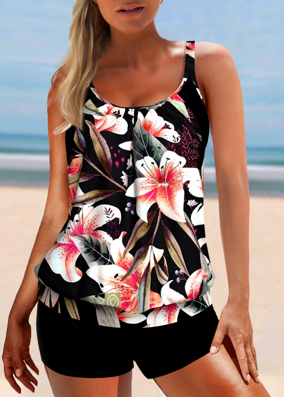 Multi Color swimwear,Floral swimwear,Plants swimwear,ROTITA Cutout Multi Color Wide Strap Floral Print Tankini Top