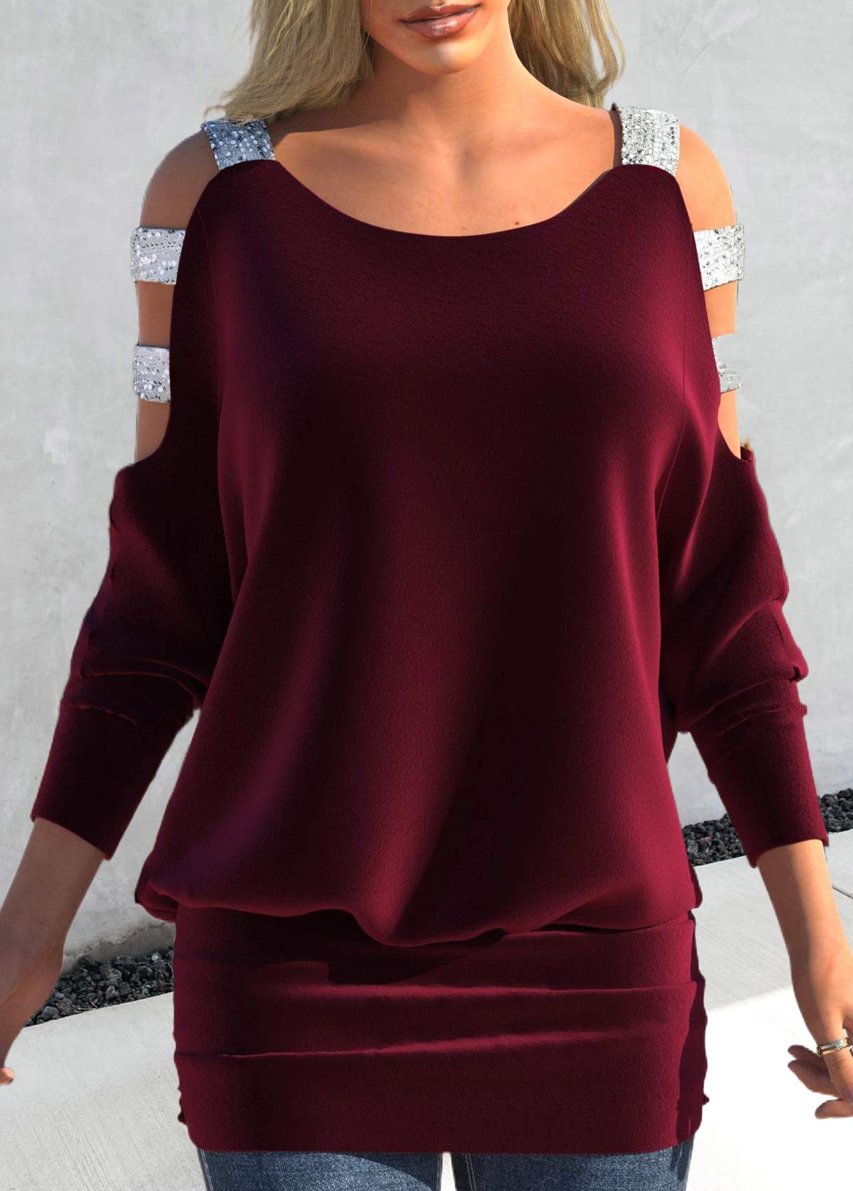 ROTITA Wine Red Ladder Cutout Velvet T Shirt