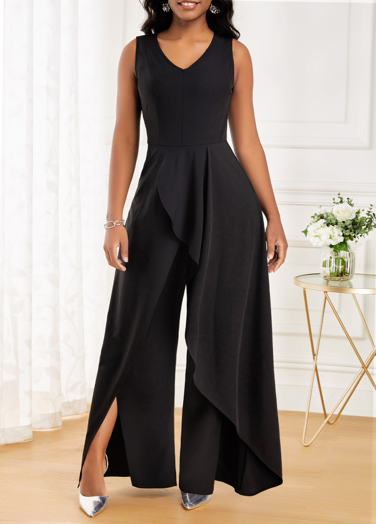 Black jumpsuits & rompers,Plain Color jumpsuits & rompers,ROTITA Split Black Long V Neck Sleeveless Jumpsuit