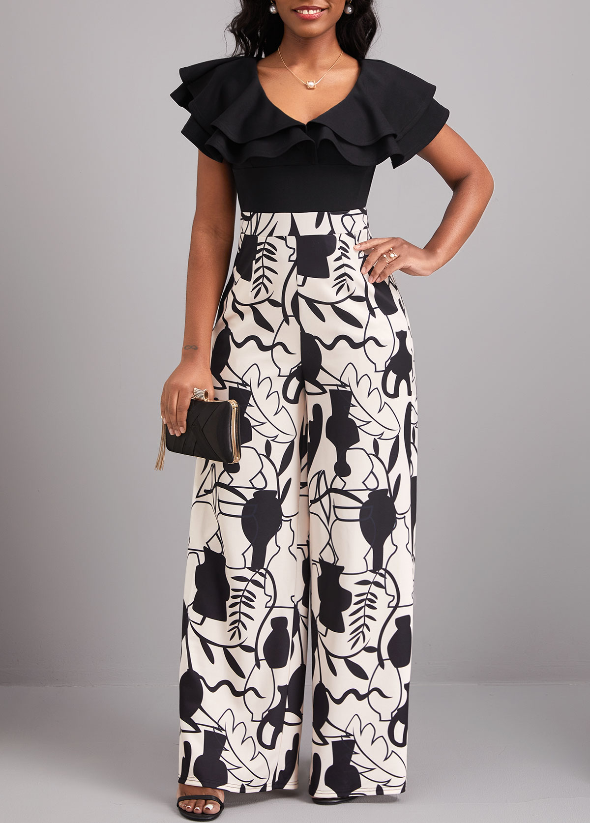 ROTITA Ruffle Leaf Print Black V Neck Jumpsuit