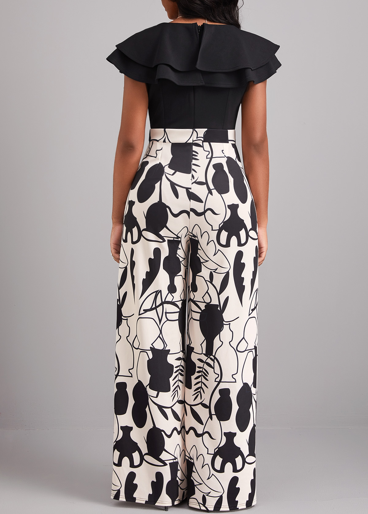 Black jumpsuits & rompers,Plants jumpsuits & rompers,ROTITA Ruffle Leaf Print Black V Neck Jumpsuit