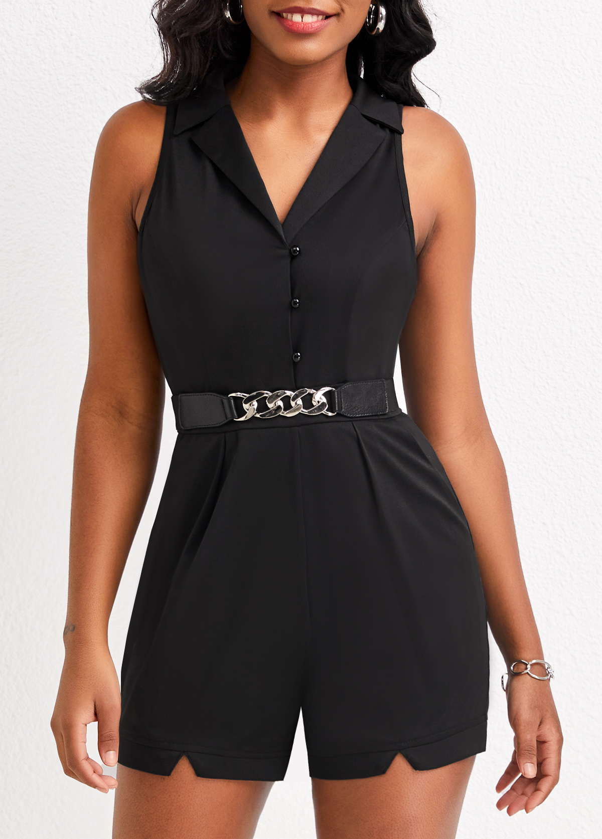 Black jumpsuits & rompers,Plain Color jumpsuits & rompers,ROTITA Pocket Black Lapel Button Up Sleeveless Romper