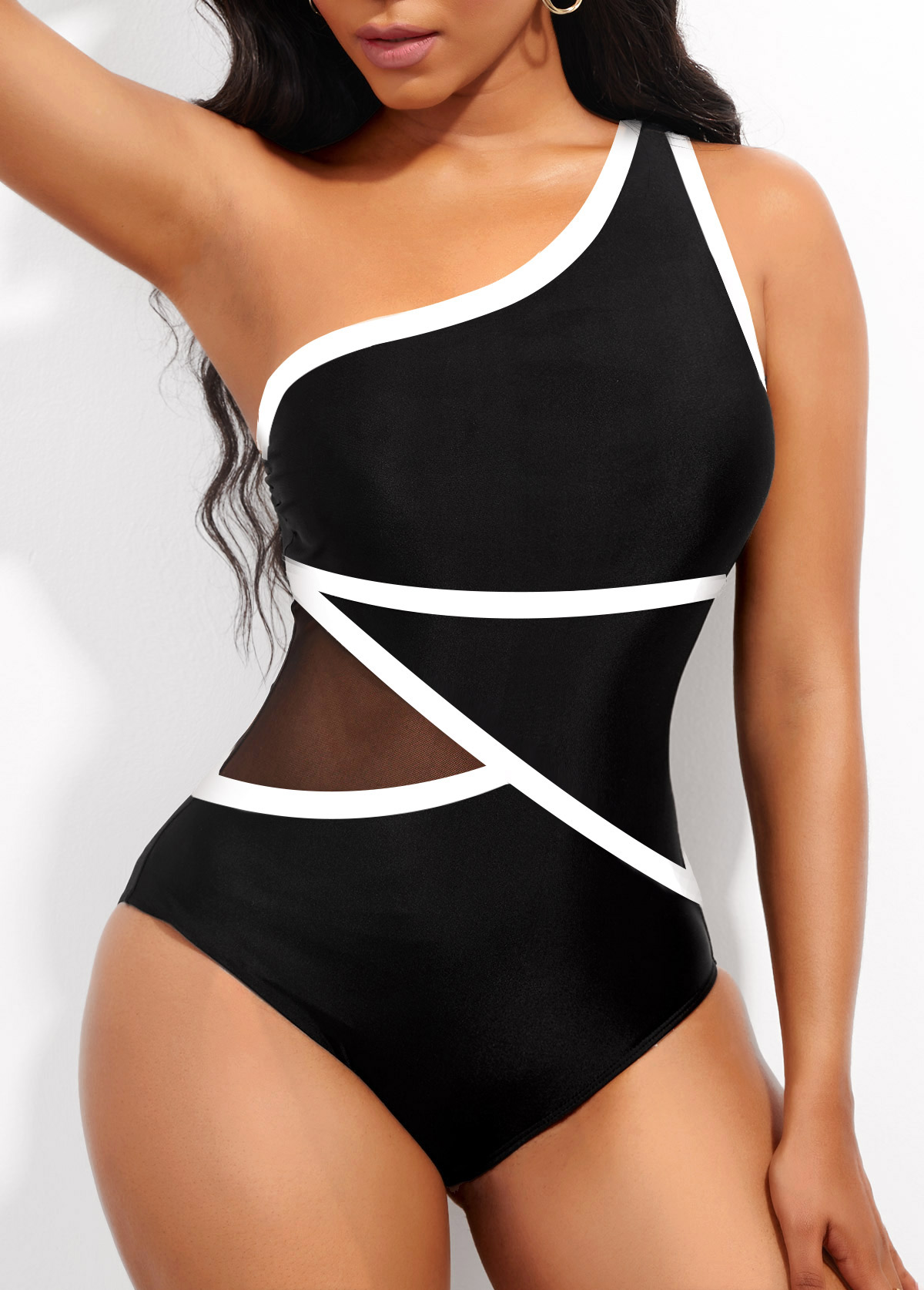 Black swimwear,Plain Color swimwear,ROTITA Contrast Binding Asymmetric Black One Piece Swimwear