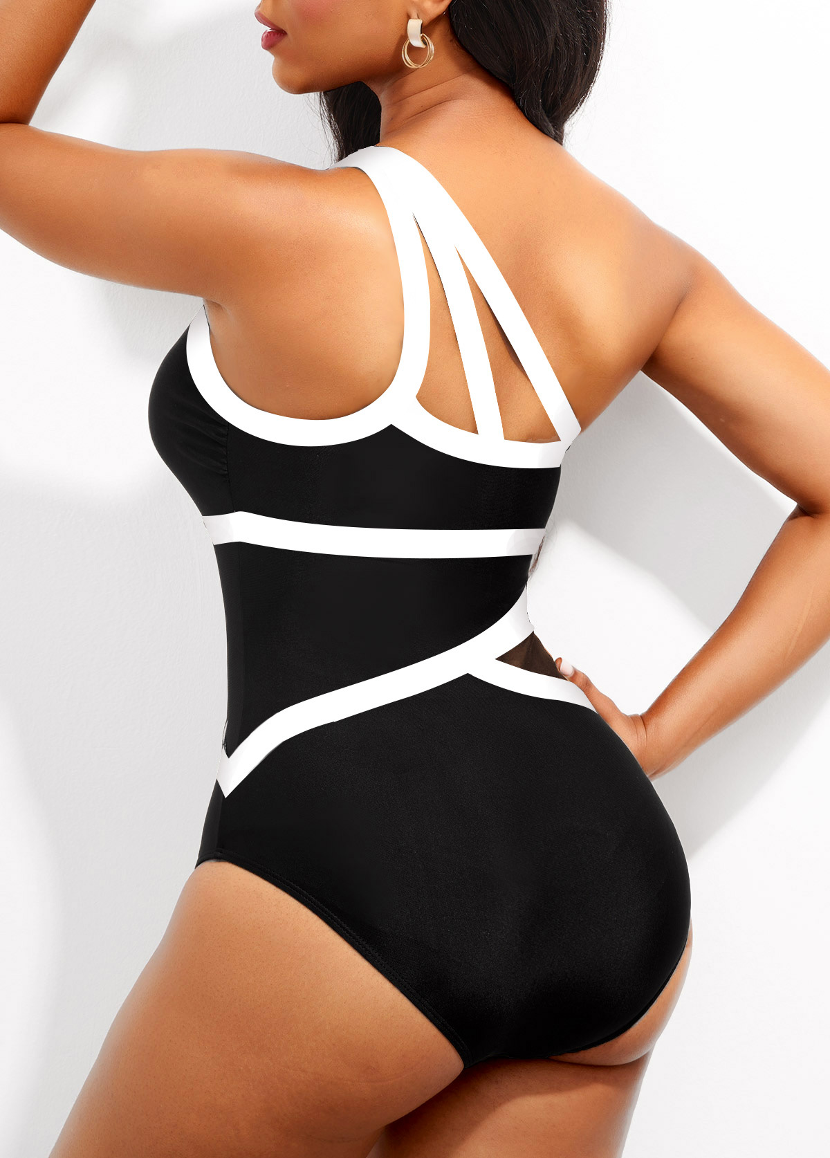 Black swimwear,Plain Color swimwear,ROTITA Contrast Binding Asymmetric Black One Piece Swimwear