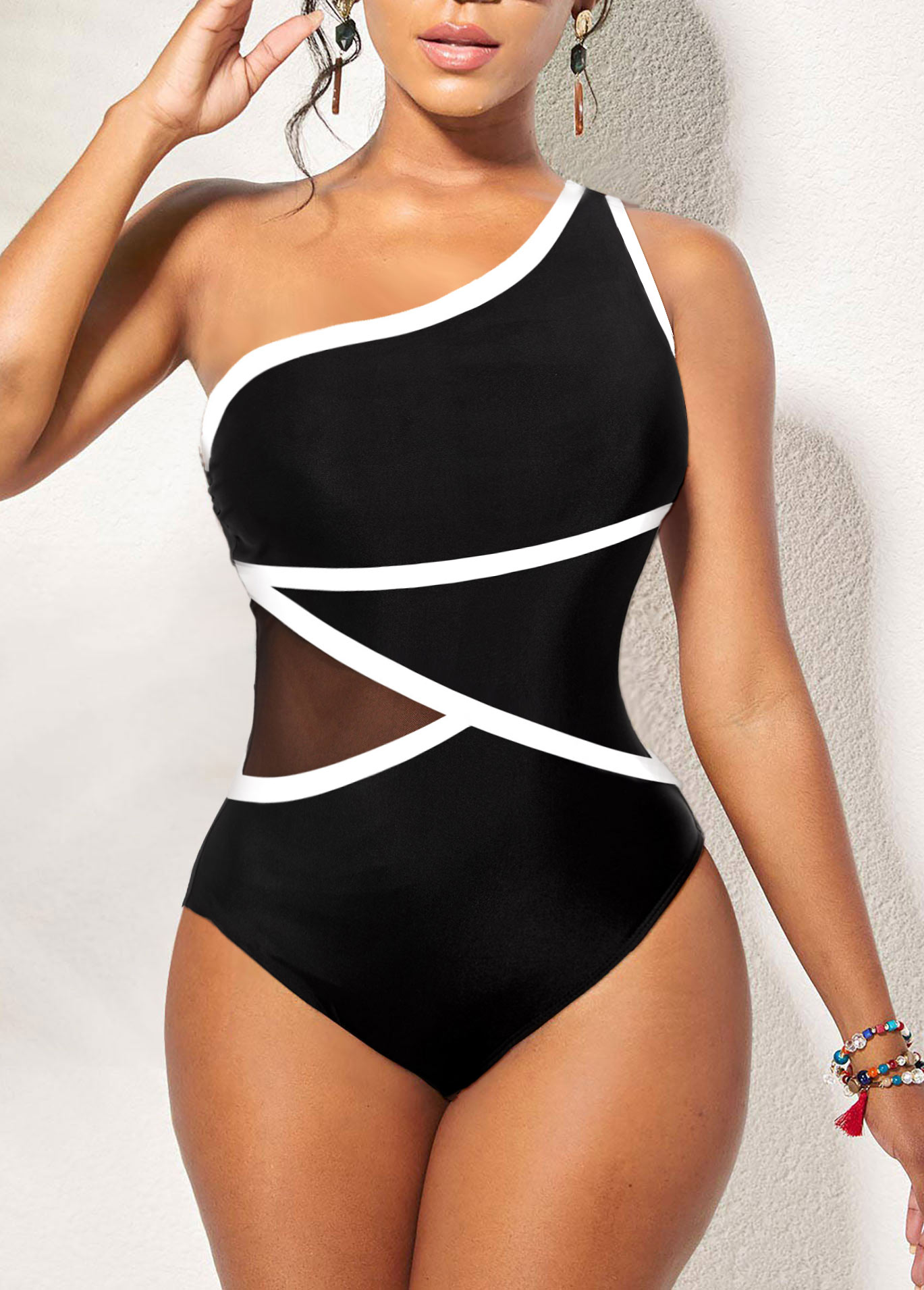 Black swimwear,Plain Color swimwear,ROTITA Contrast Binding Asymmetric Black One Piece Swimwear