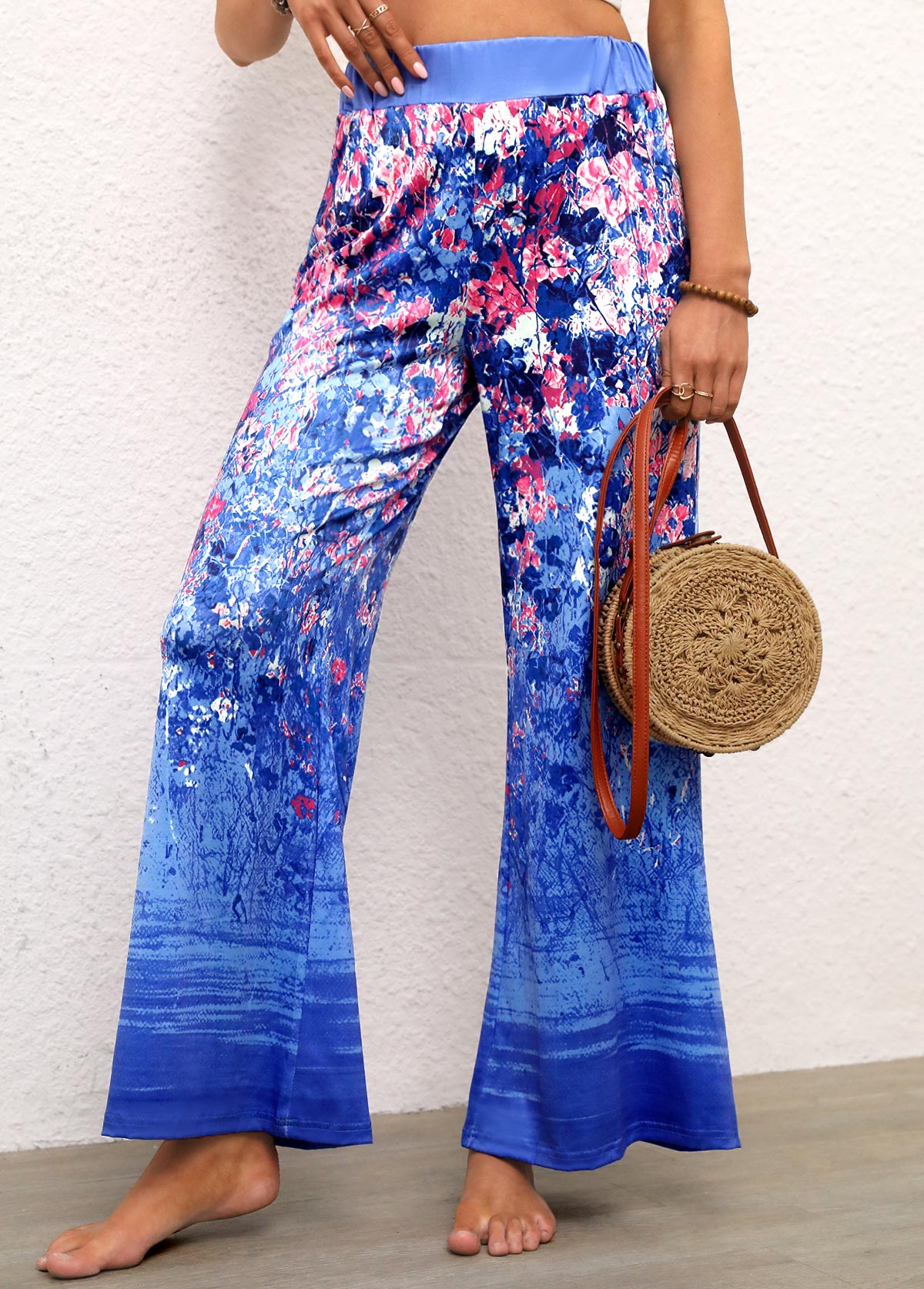 Ditsy Floral Print Blue Elastic Waist Pants