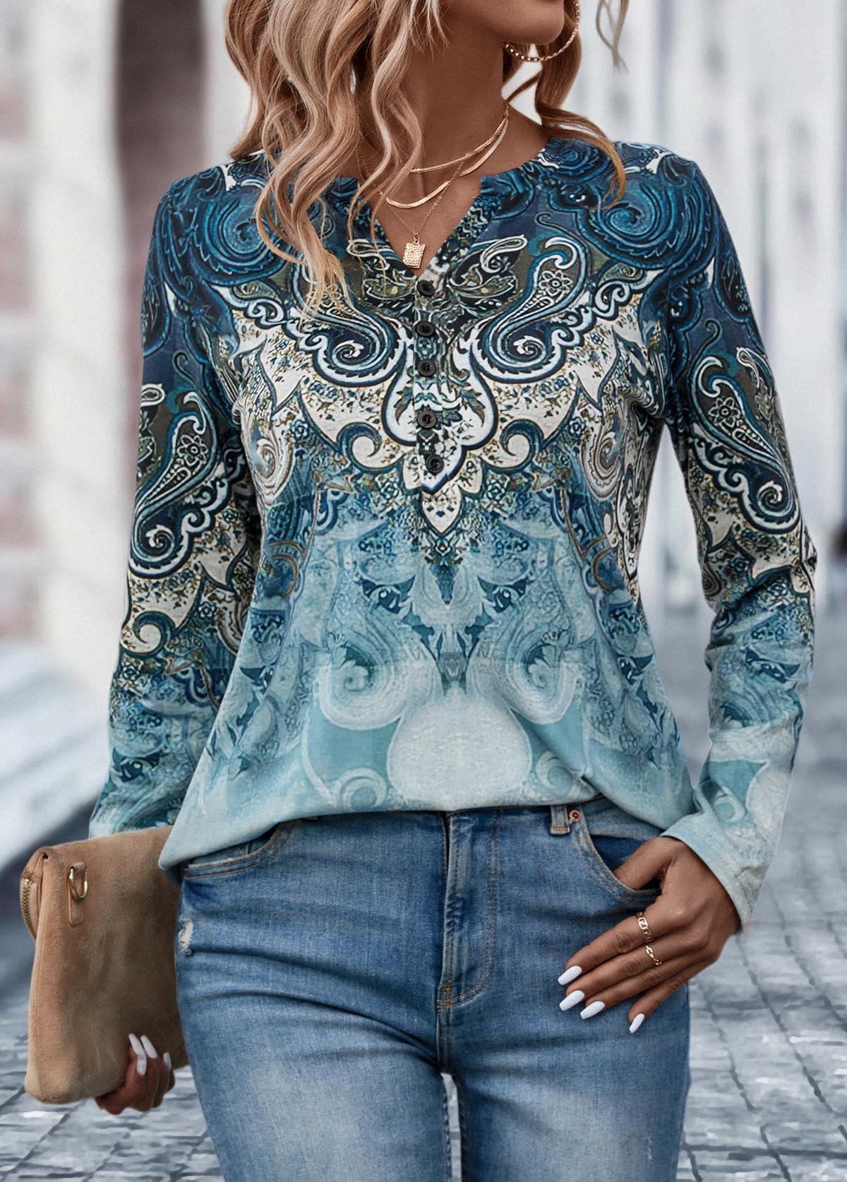 Dusty Blue tops,Tribal tops,Button Tribal Print Dusty Blue T Shirt