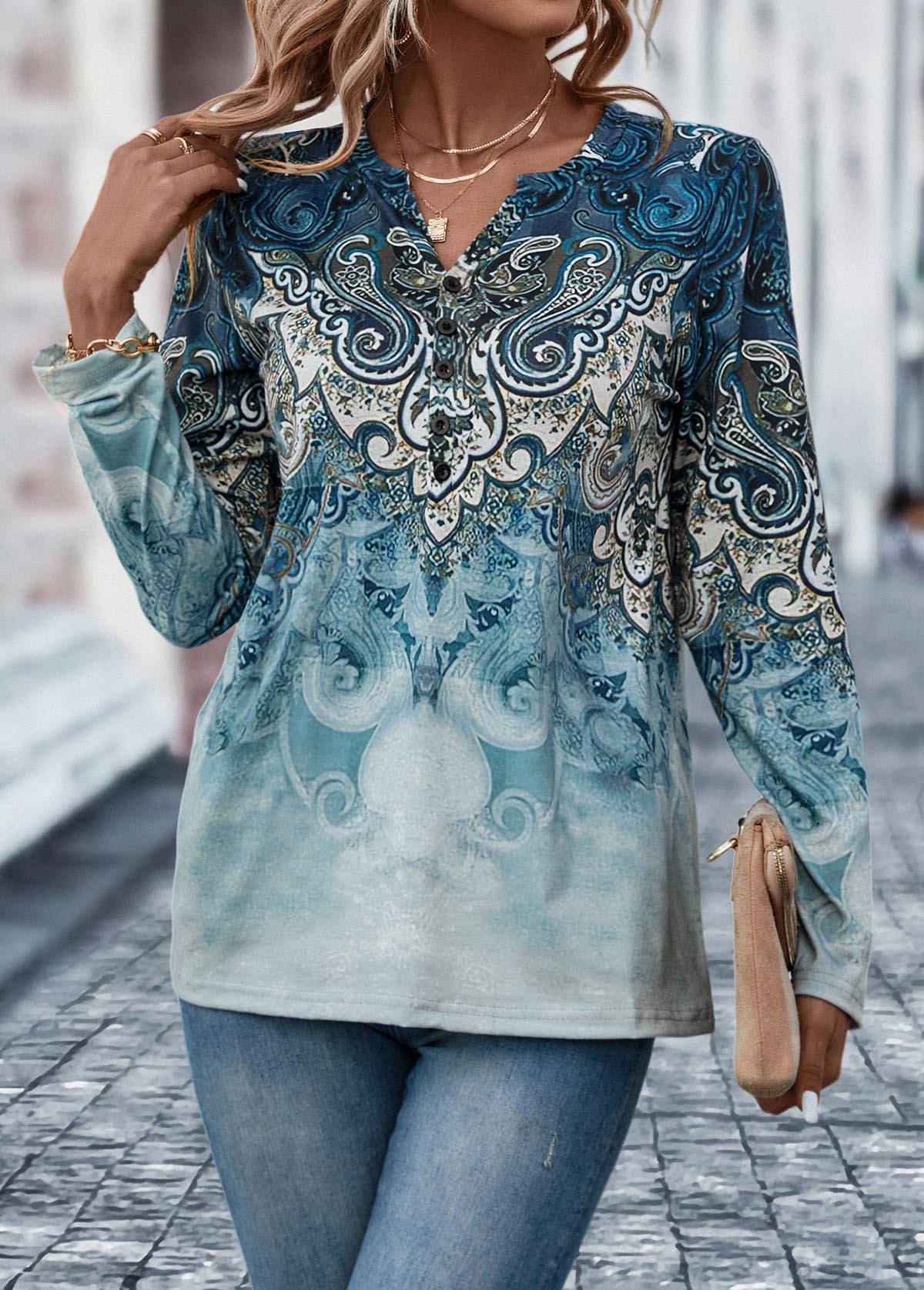 Dusty Blue tops,Tribal tops,Button Tribal Print Dusty Blue T Shirt