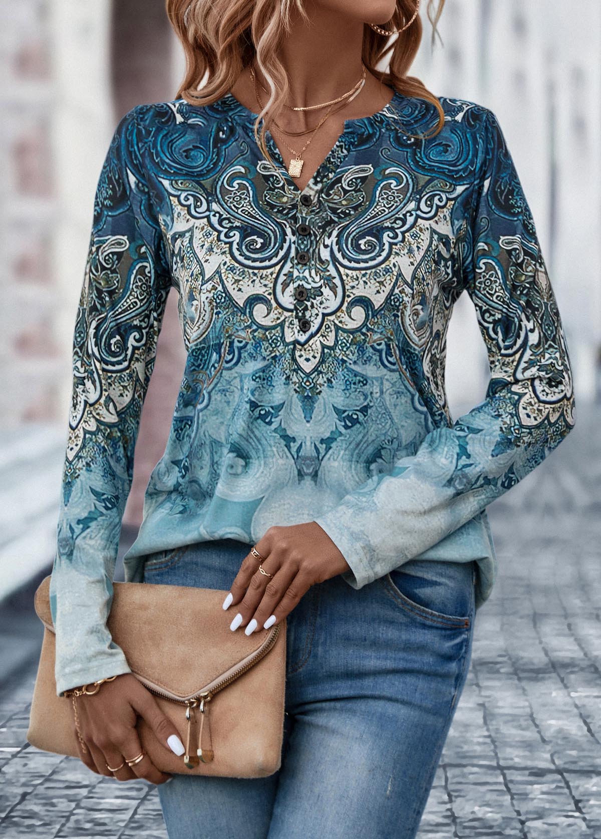 Dusty Blue tops,Tribal tops,Button Tribal Print Dusty Blue T Shirt