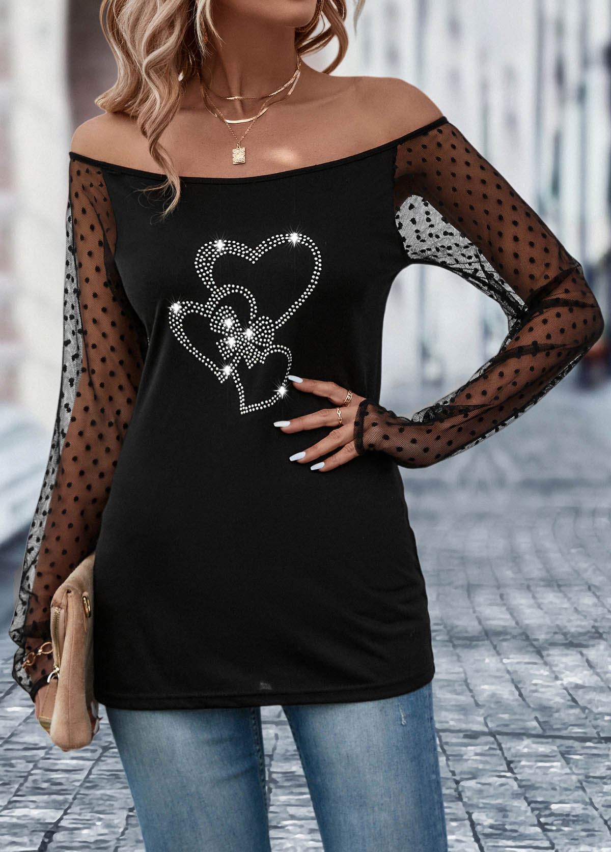 Black tops,Heart tops,Patchwork Heart Design Black Off Shoulder T Shirt