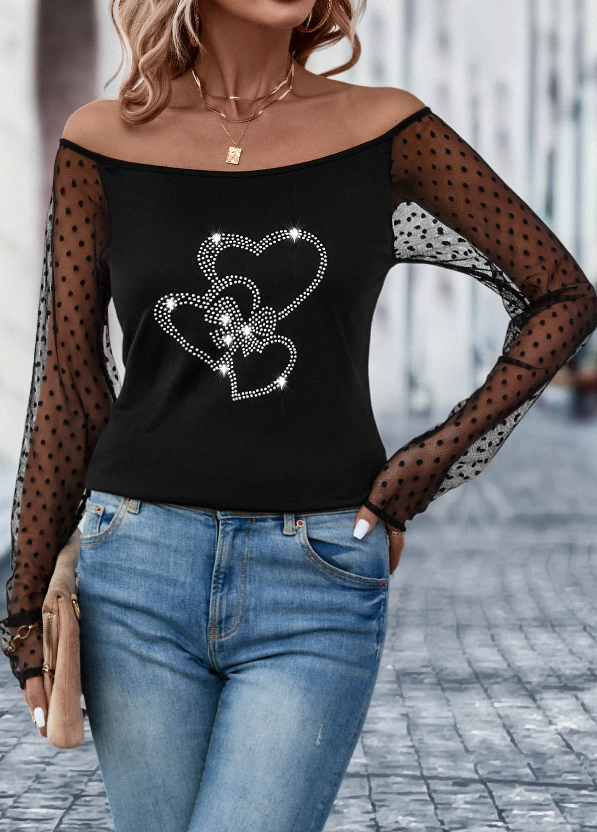 Black tops,Heart tops,Patchwork Heart Design Black Off Shoulder T Shirt