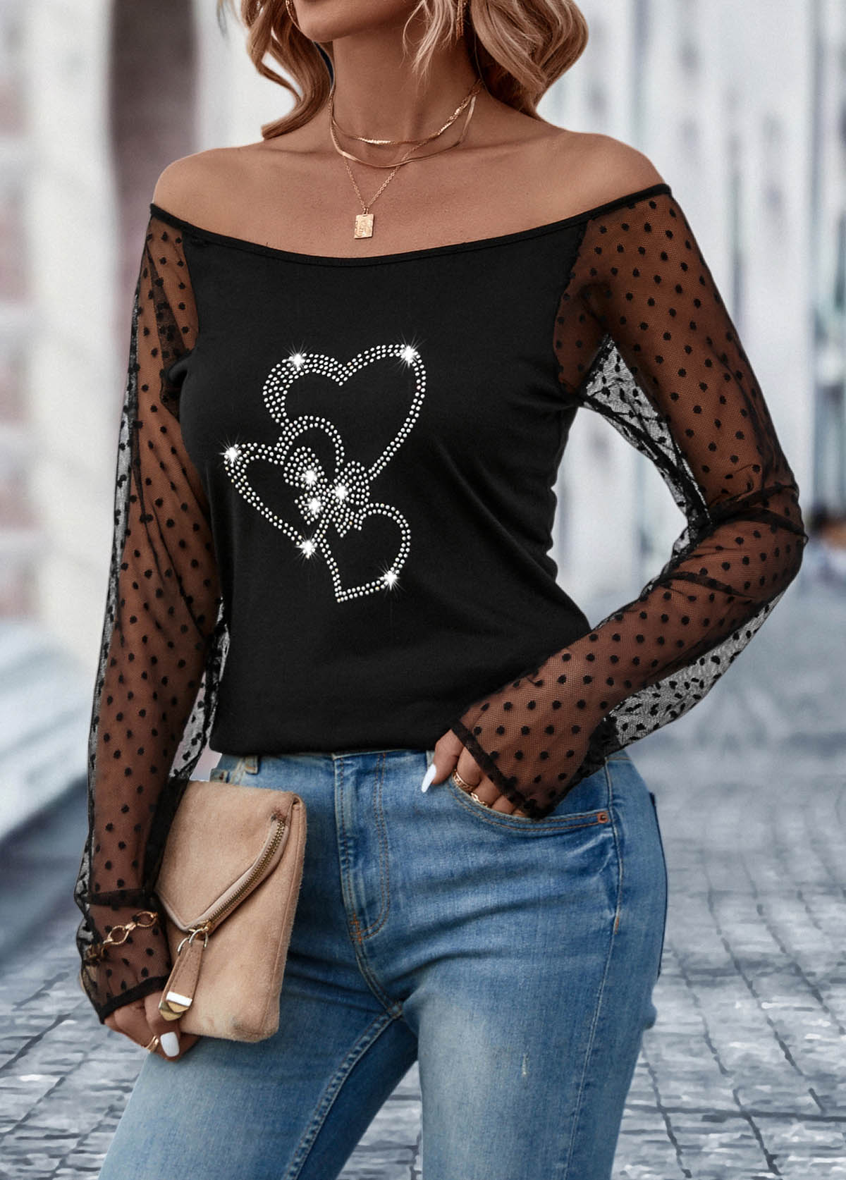 Black tops,Heart tops,Patchwork Heart Design Black Off Shoulder T Shirt