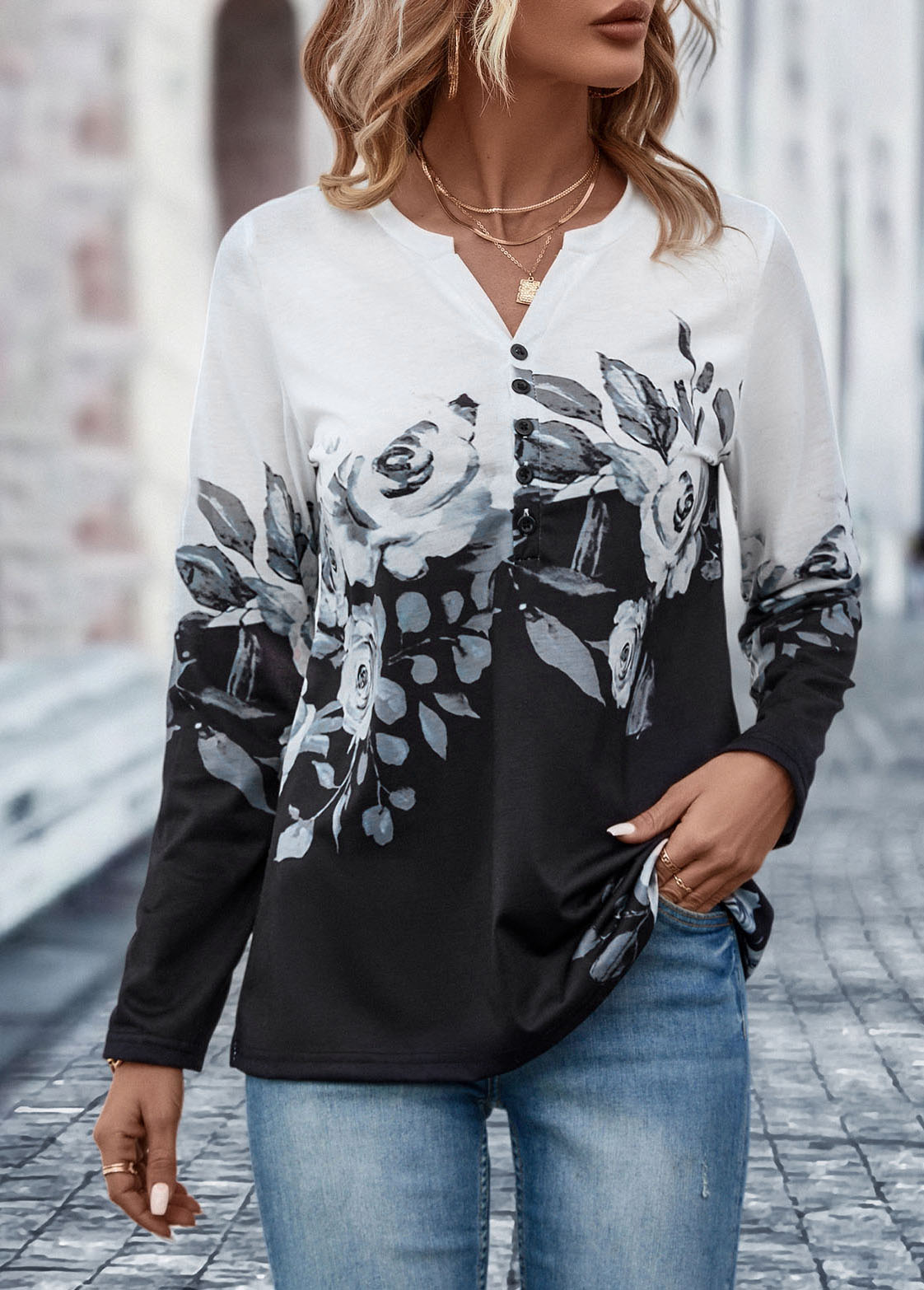 Button Floral Print Black Split Neck T Shirt