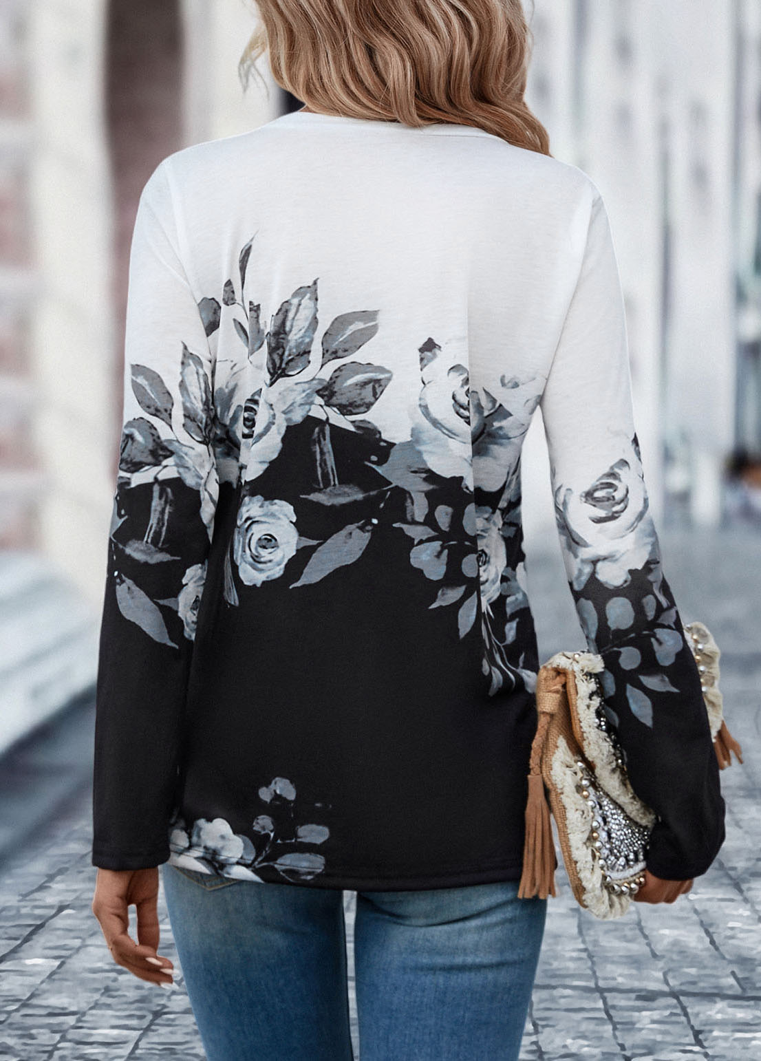 Black tops,White tops,Floral tops,Button Floral Print Black Split Neck T Shirt