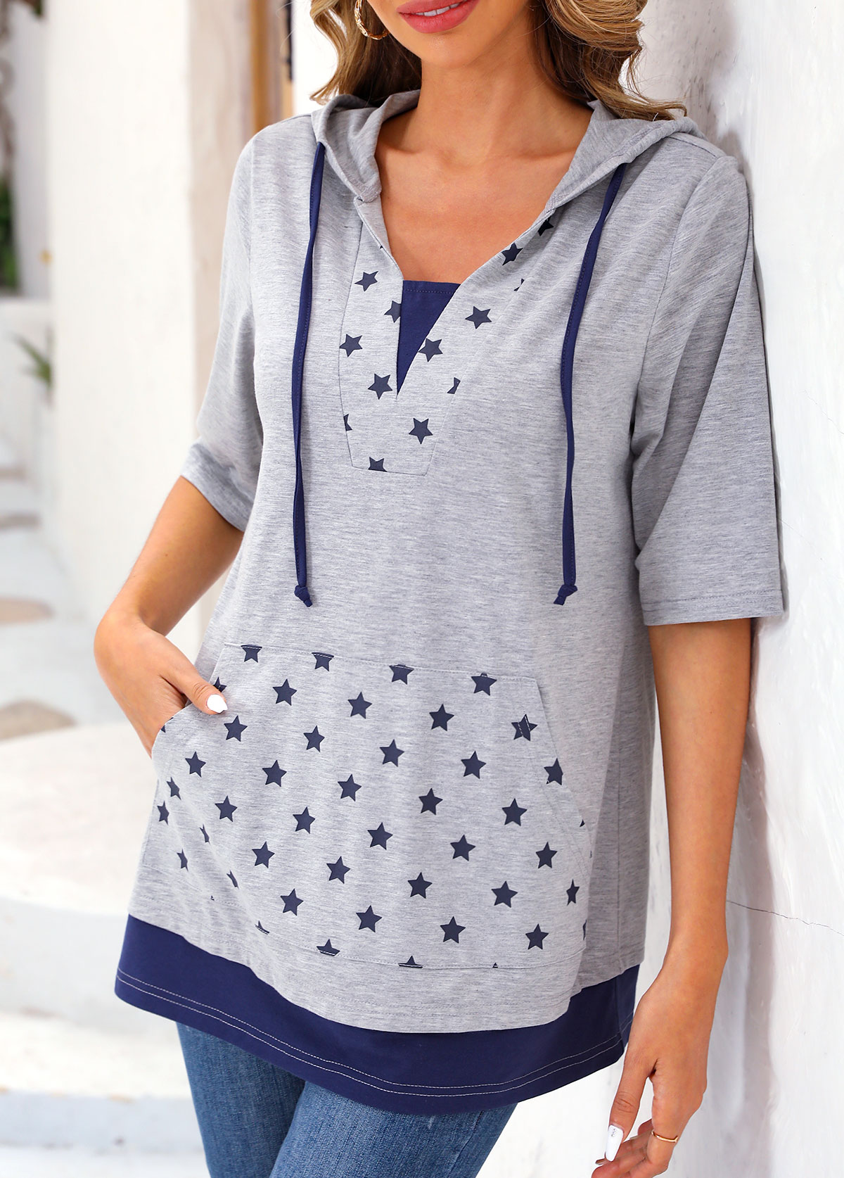 Light Grey Marl tops,Galaxy tops,ROTITA Pocket Star Print Light Grey Marl Hoodie