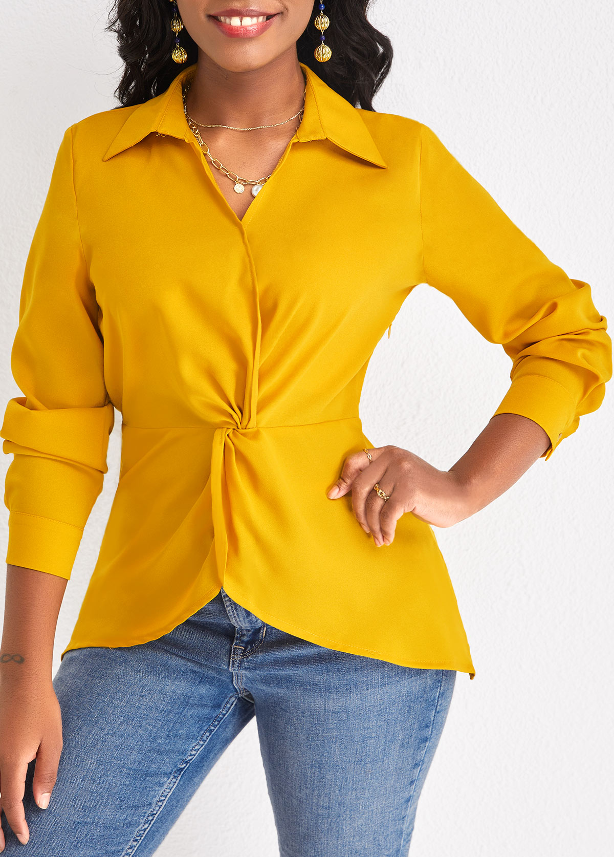 Ginger tops,Plain Color tops,Twist Ginger Shirt Collar Long Sleeve Blouse
