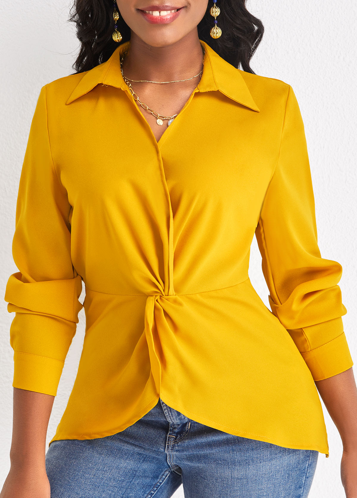 Ginger tops,Plain Color tops,Twist Ginger Shirt Collar Long Sleeve Blouse
