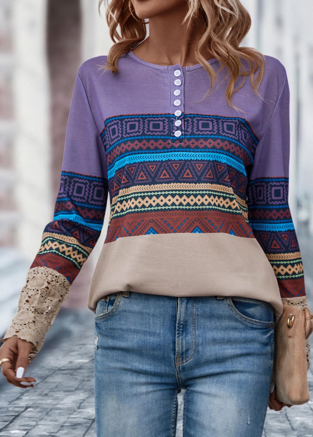 Multi Color tops,Tribal tops,Geometric tops,Button Tribal Print Multi Color T Shirt