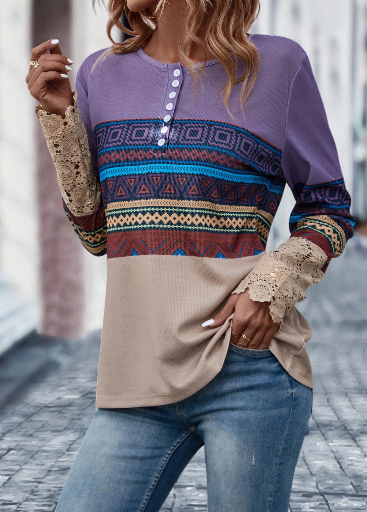 Multi Color tops,Tribal tops,Geometric tops,Button Tribal Print Multi Color T Shirt