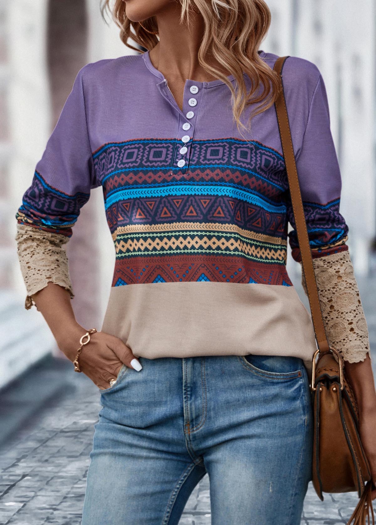 Multi Color tops,Tribal tops,Geometric tops,Button Tribal Print Multi Color T Shirt