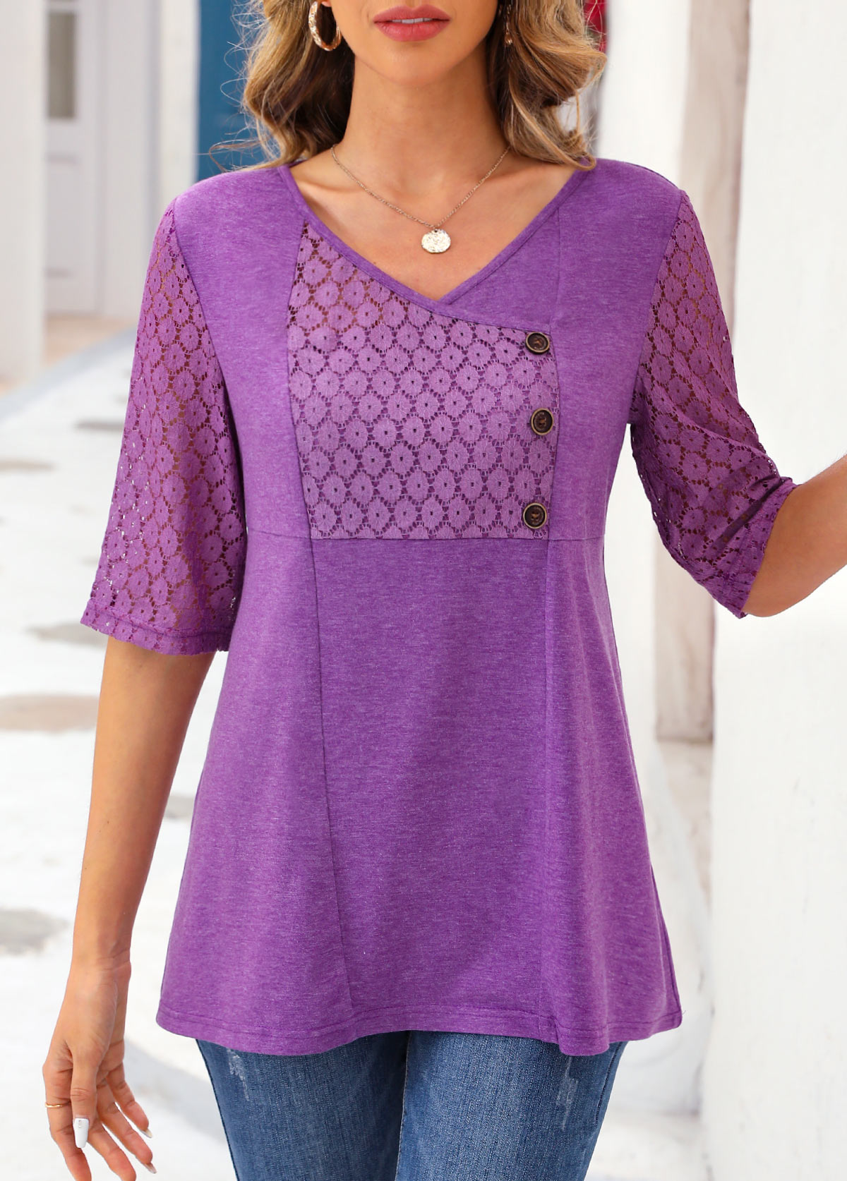 ROTITA T-shirt violet en dentelle à col en V et manches mi-longues
