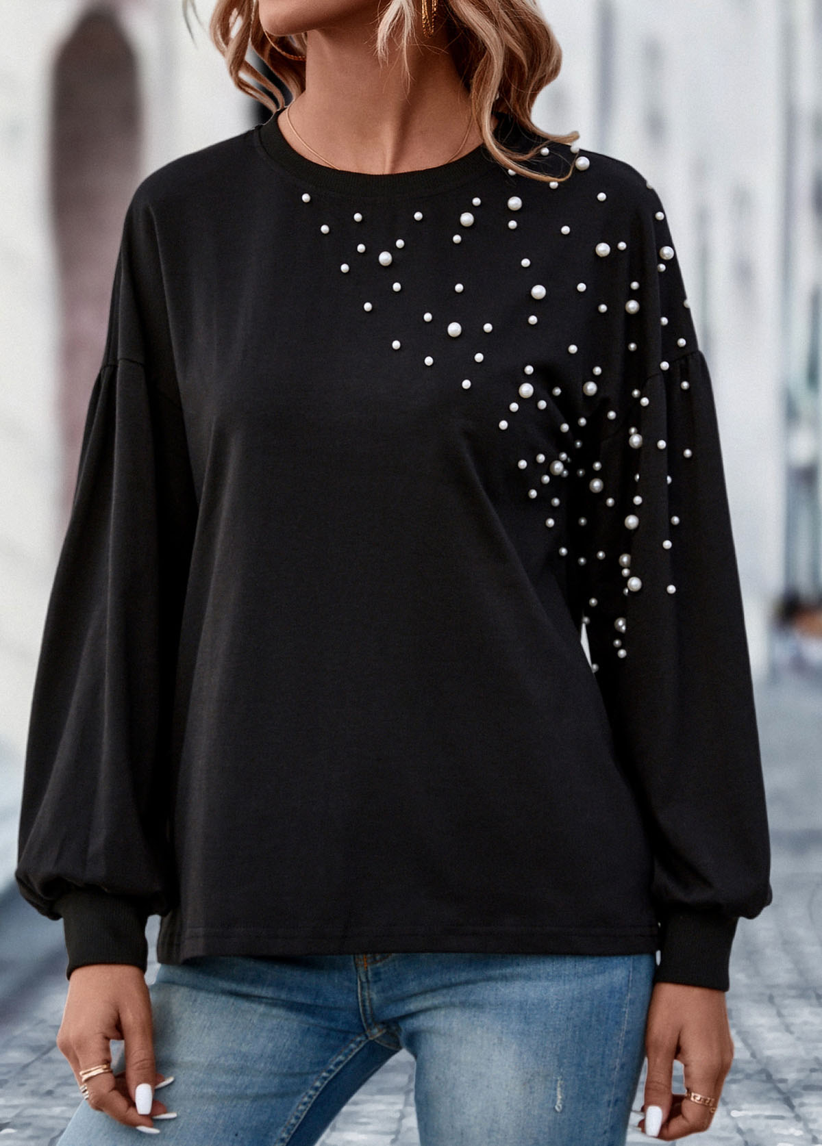 Black tops,Plain Color tops,Pearl Black Round Neck Long Sleeve T Shirt