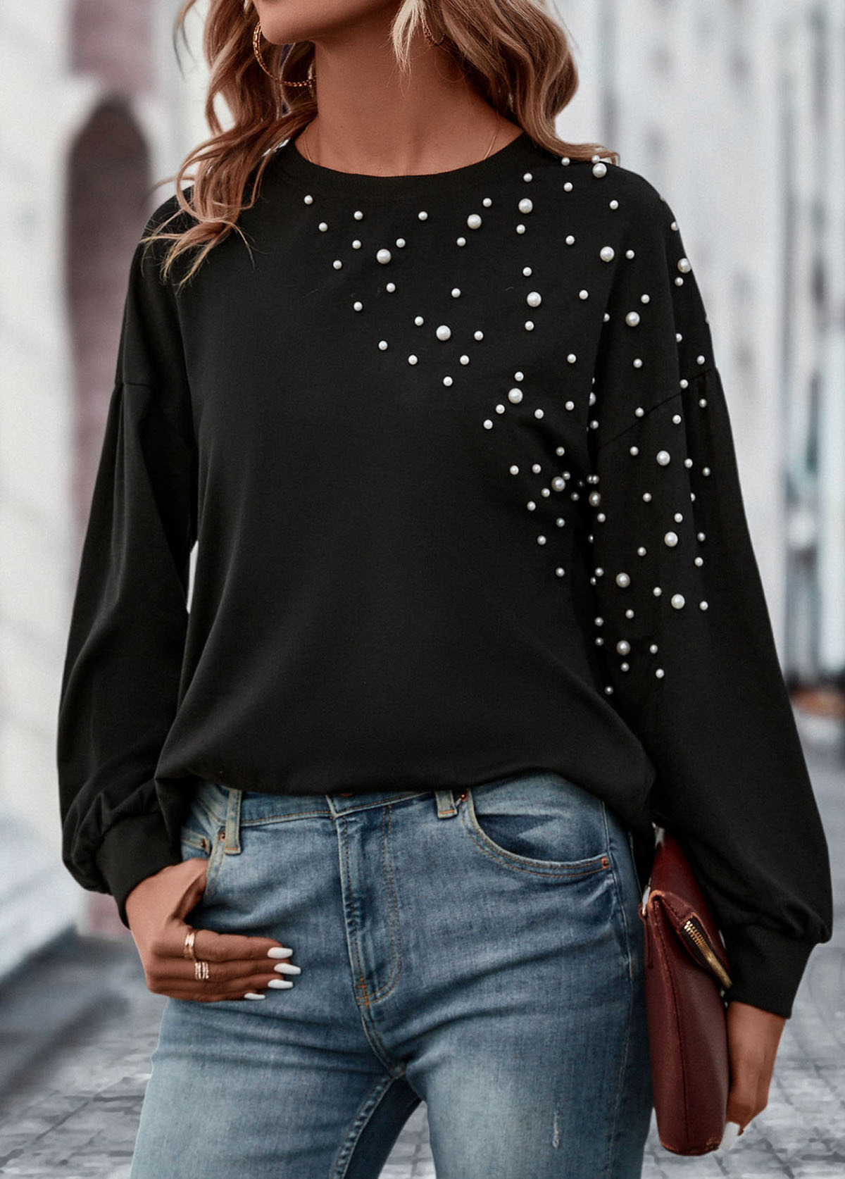 Black tops,Plain Color tops,Pearl Black Round Neck Long Sleeve T Shirt