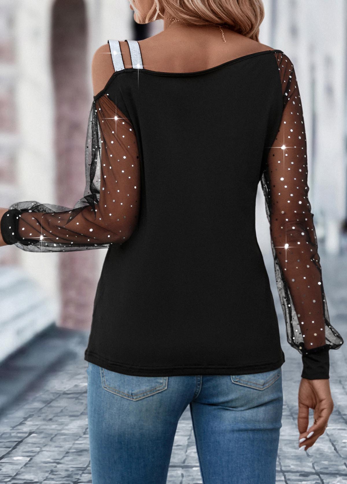 Black tops,Plain Color tops,Patchwork Black Asymmetrical Neck Long Sleeve T Shirt
