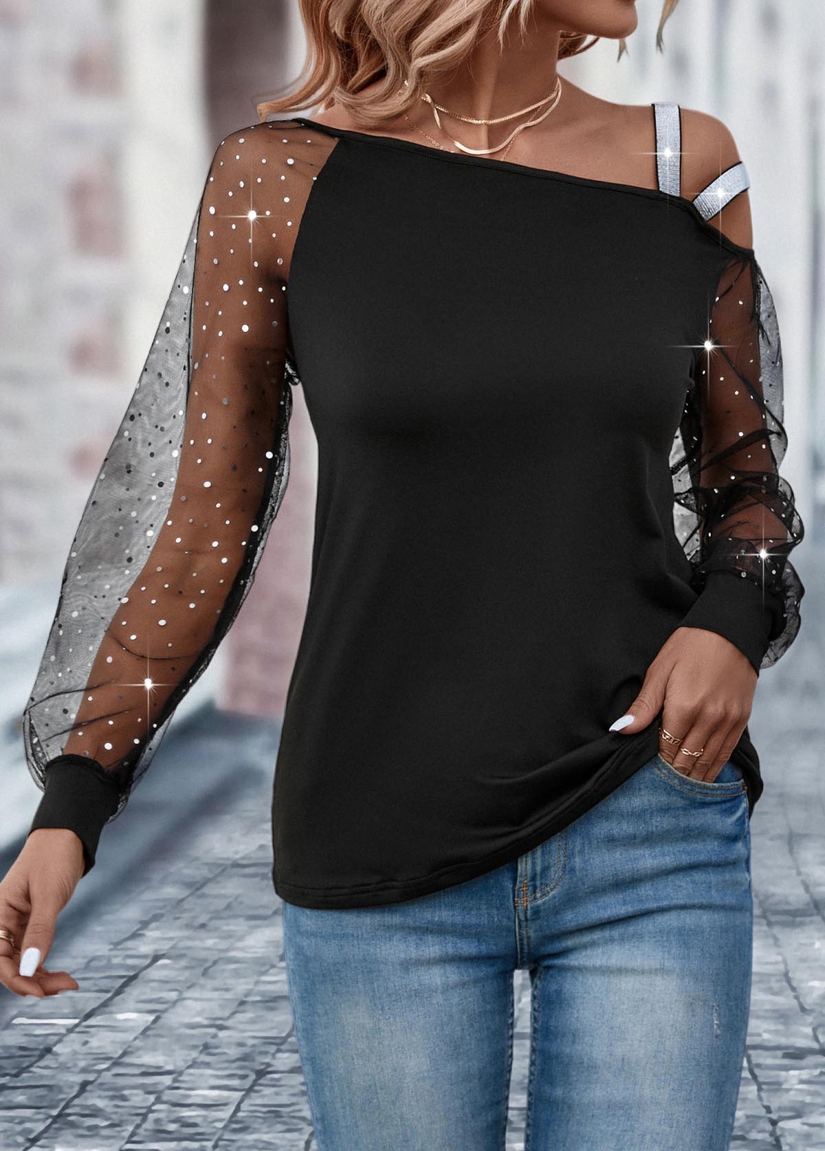 Black tops,Plain Color tops,Patchwork Black Asymmetrical Neck Long Sleeve T Shirt
