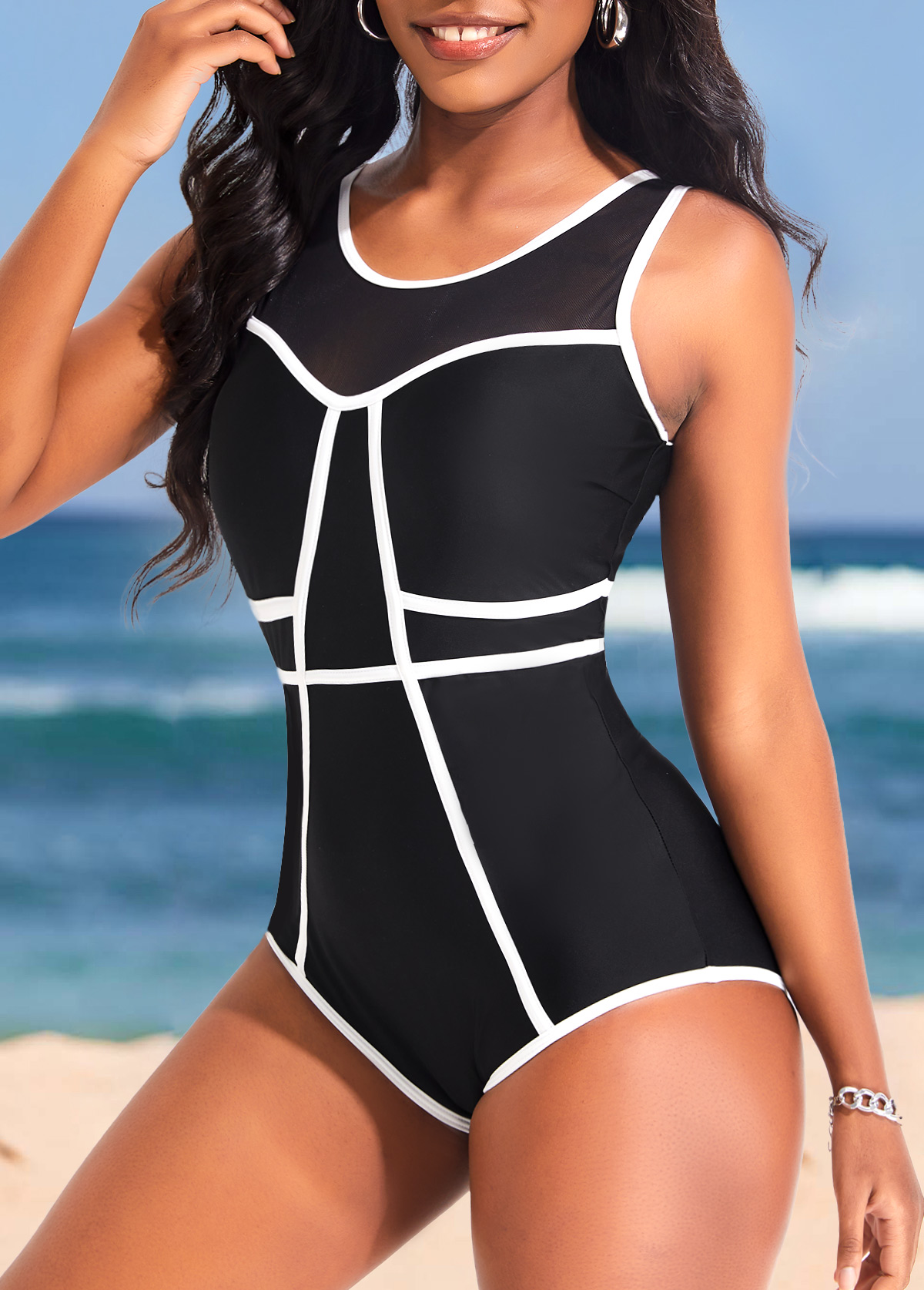 Black swimwear,Plain Color swimwear,ROTITA Cutout Contrast Binding Black One Piece Swimwear