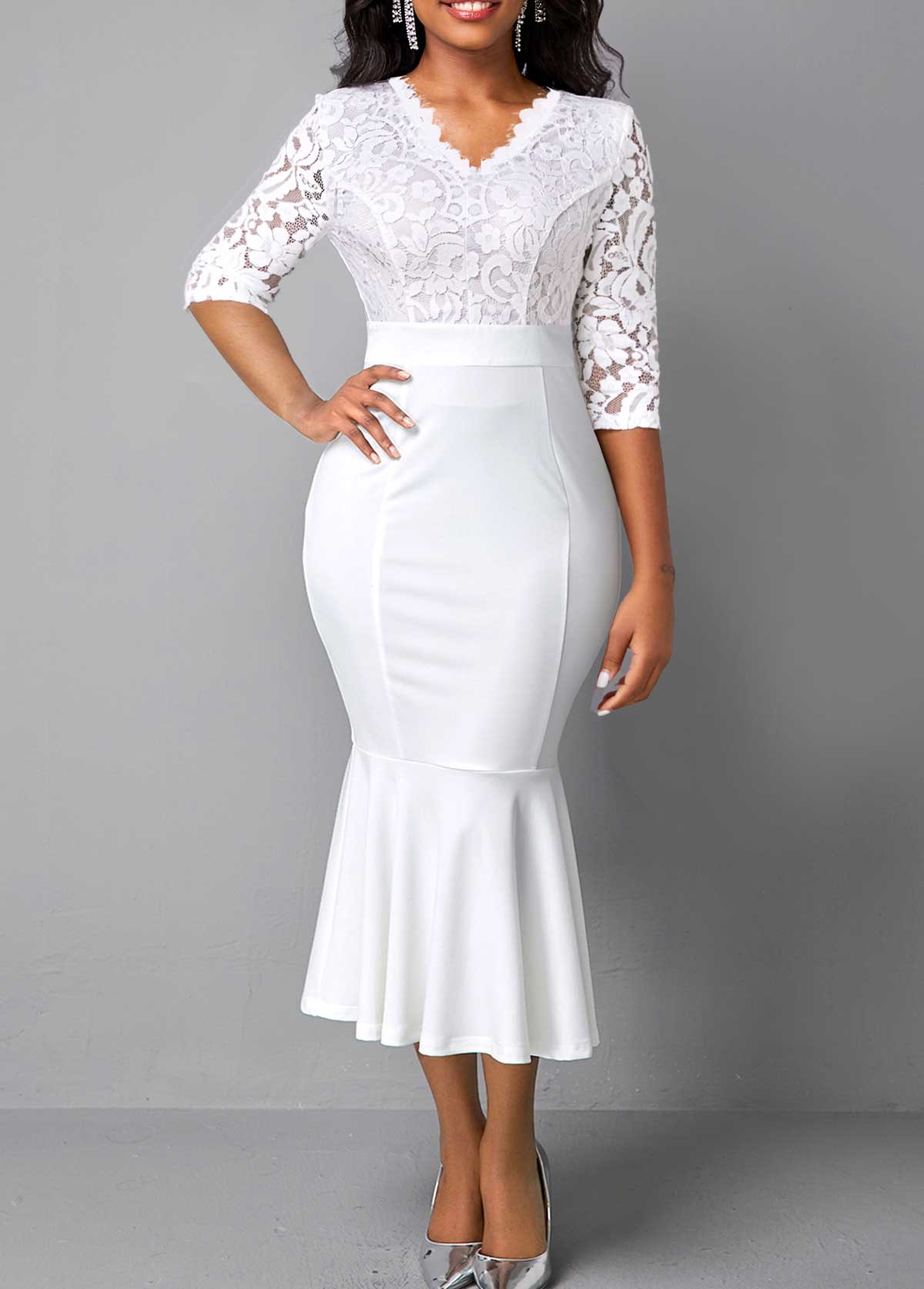 ROTITA White Lace V Neck Mermaid Dress