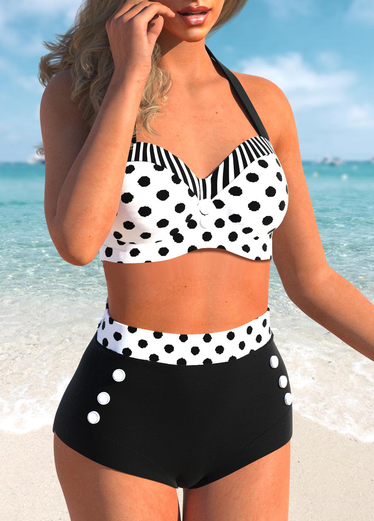 White swimwear,Black swimwear,Dot swimwear,ROTITA Patchwork White Polka Dot Bikini Top