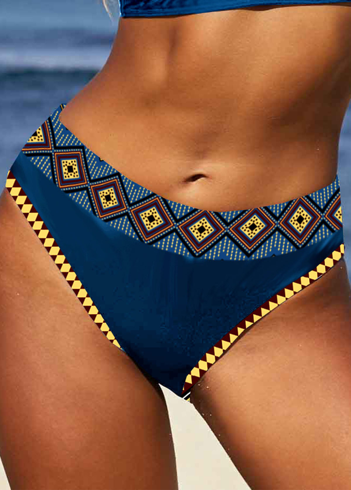 Peacock Blue swimwear,Tribal swimwear,Geometric swimwear,Striped swimwear,ROTITA Patchwork Blue Tribal Print Bikini Top