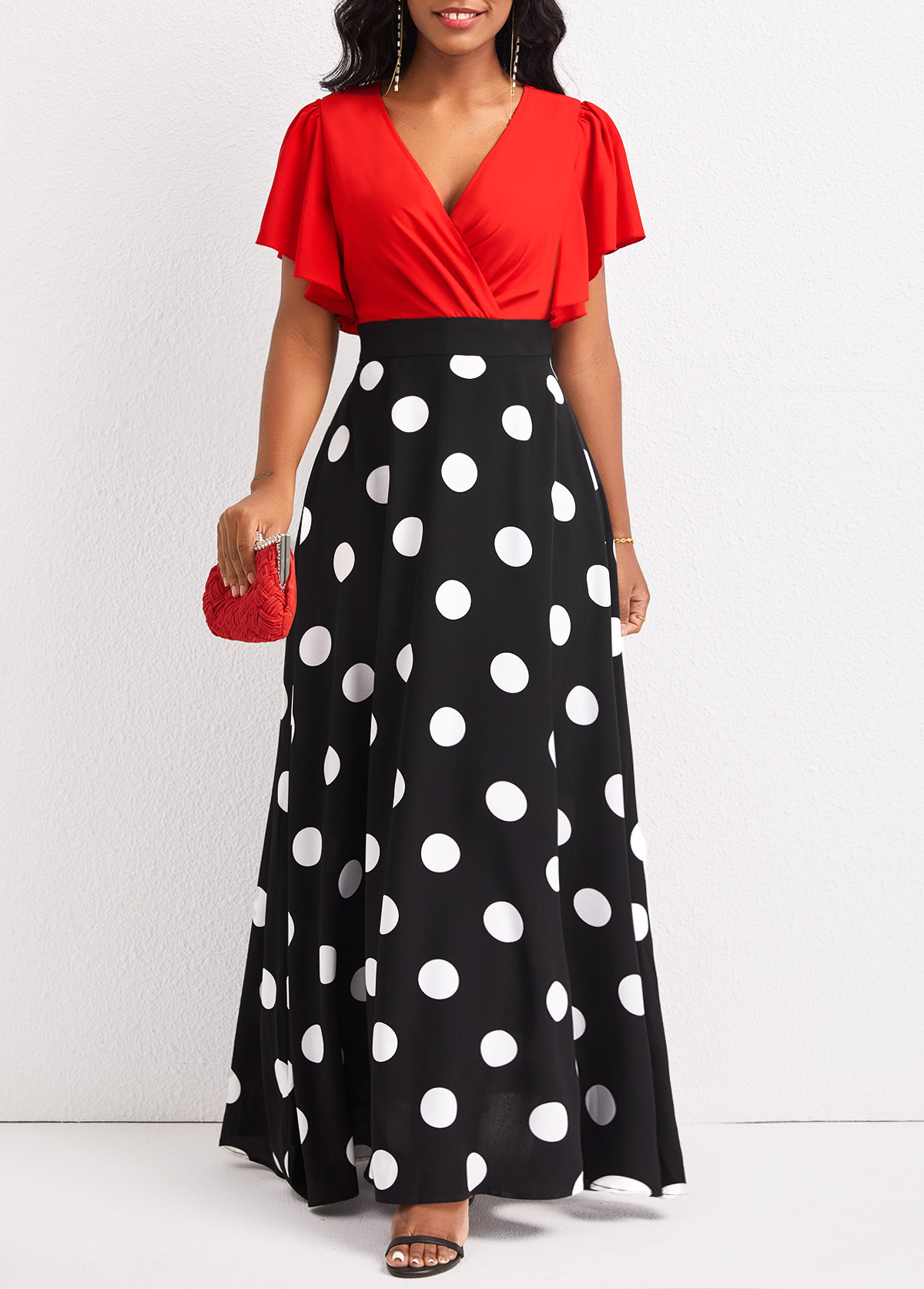 ROTITA Patchwork Polka Dot Black V Neck Maxi Dress