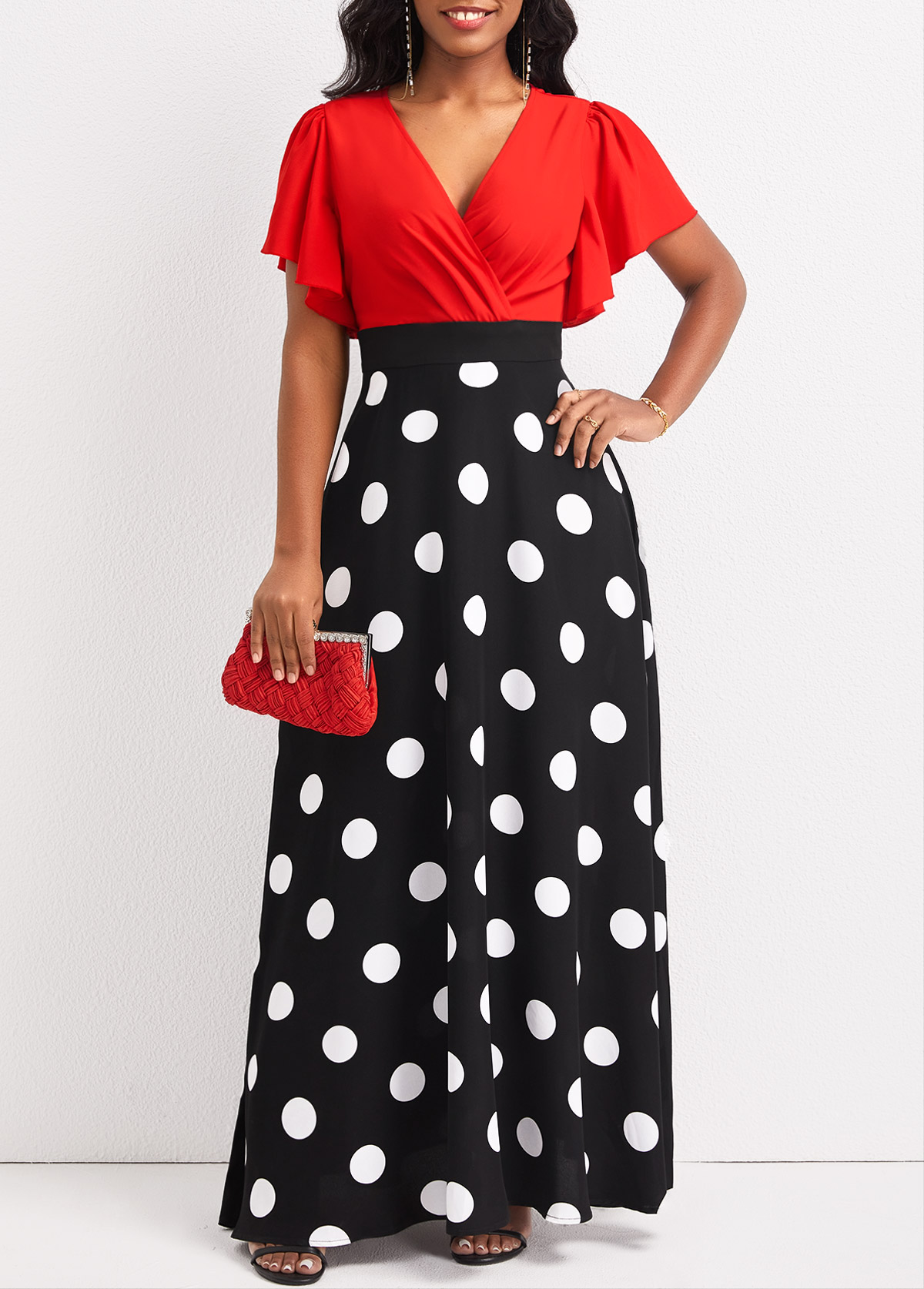Black dresses,Red dresses,Dot dresses,ROTITA Patchwork Polka Dot Black V Neck Maxi Dress