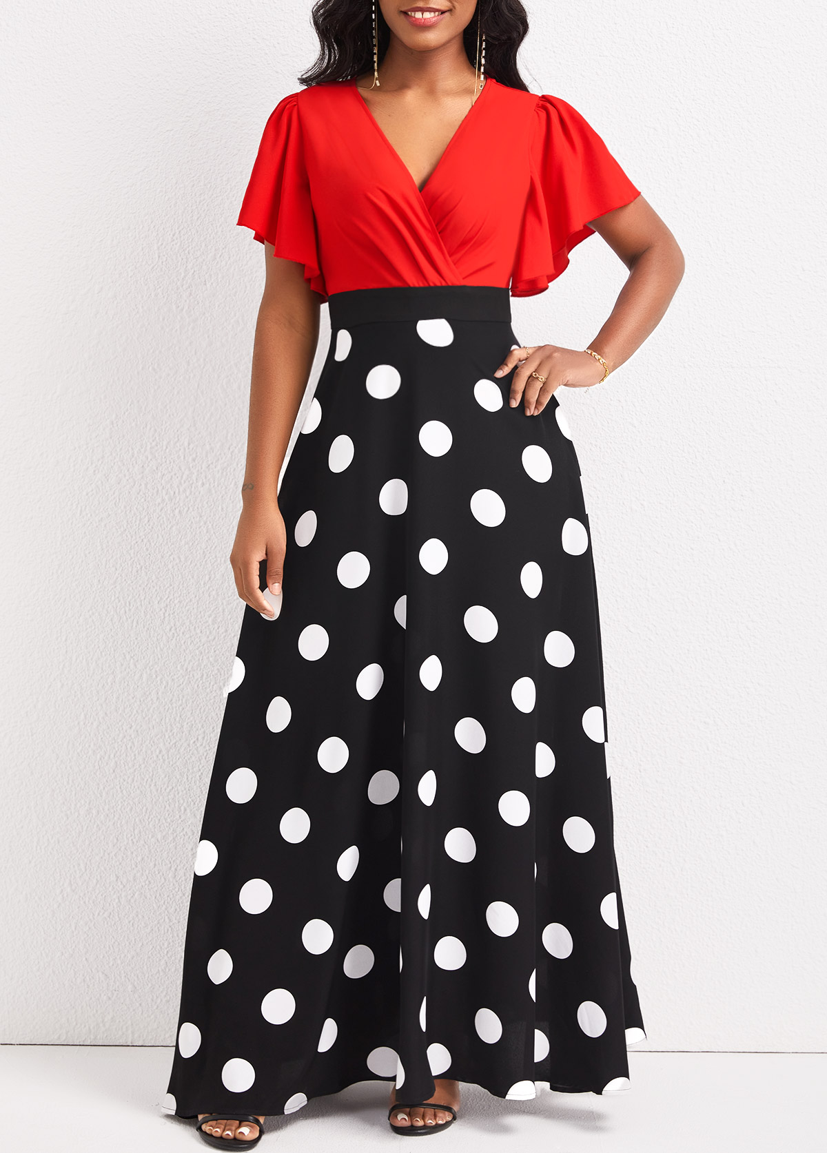 Black dresses,Red dresses,Dot dresses,ROTITA Patchwork Polka Dot Black V Neck Maxi Dress