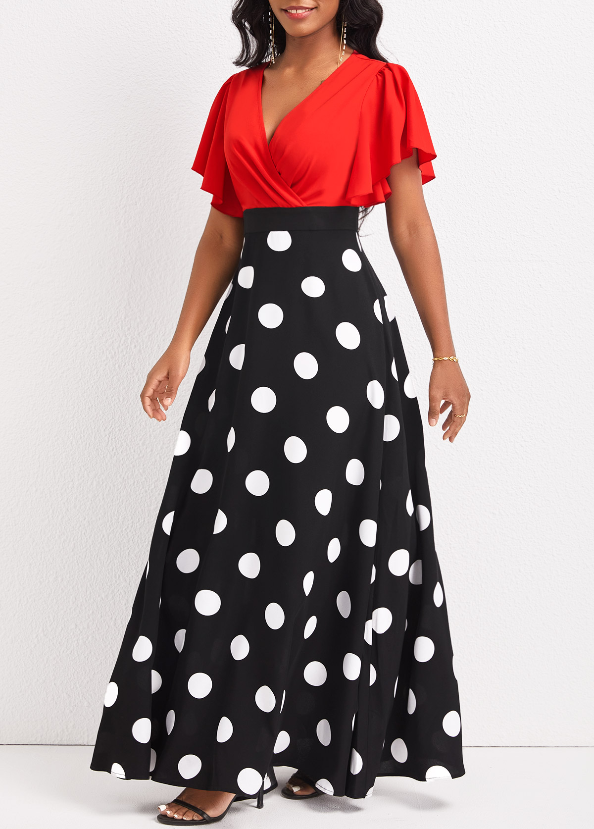 Black dresses,Red dresses,Dot dresses,ROTITA Patchwork Polka Dot Black V Neck Maxi Dress